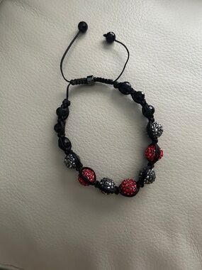 Adjustable Black Cord Bracelet with Red and Silver Pave Beads